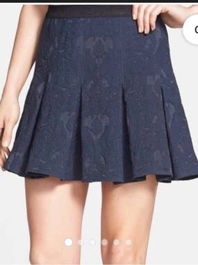 Rebecca Taylor Navy Floral Jacquard Pleated Skater Skirt